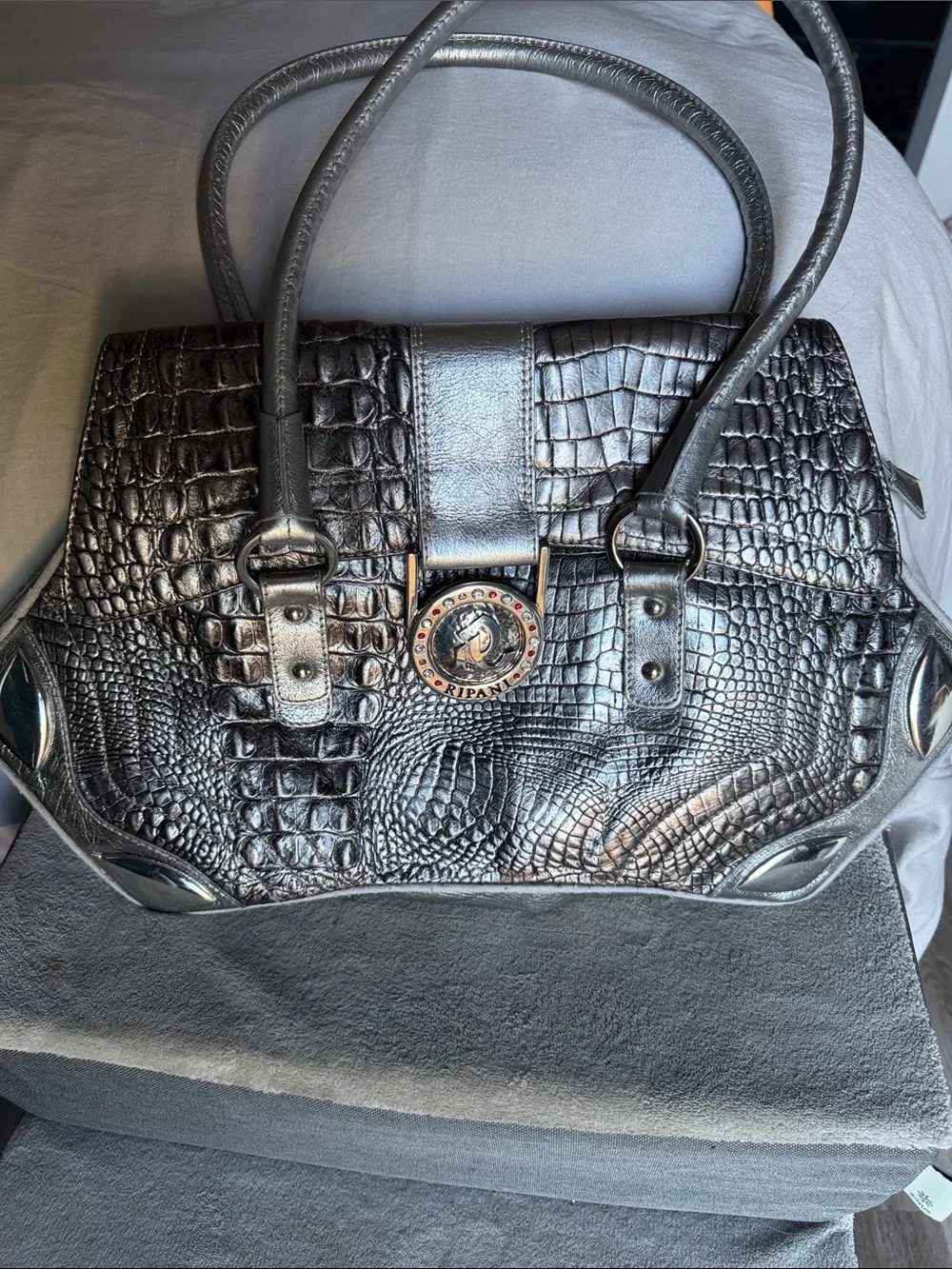 RIPANI Silver Pewter Croc-Embossed Satchel with Medallion Detail